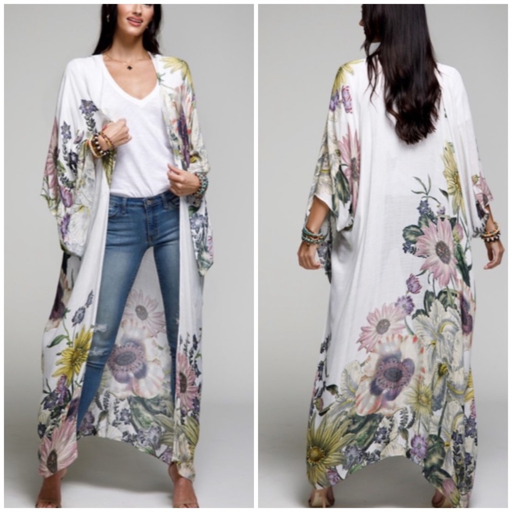 Aurelia Floral Motif Flower Sheer Kimono Long Maxi Open Duster Wrap Coverup - Picture 5 of 9